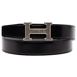 Cinturón reversible Hermès Constance H Guillochée en Swift y Togo negro