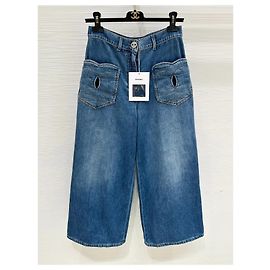 Jeans Chanel Wide Leg Denim Azul com Efeito Desgastado