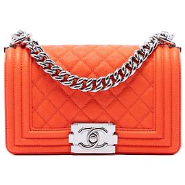 Bolsa Tiracolo Chanel Boy Flap Small em couro caviar matelassé Orange