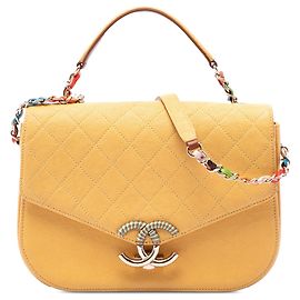 Borsa Satchel Chanel Paris Cuba Medium Quilted Caviar Thread Around Flap Gialla