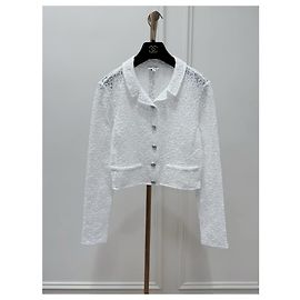 Chanel White Tweed Jacket with Sequined Camellia Logo