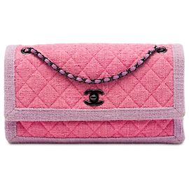 Bolso de hombro Chanel CC de tweed acolchado rosa con solapa acordeón