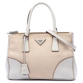 Borsa Galleria Double Zip Small in tela e pelle City Calf bianca Prada