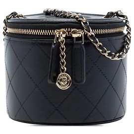 Bolsa Vanity Chanel Mini CC em pele de cordeiro acolchoada preta com corrente redonda