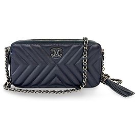 Clutch Chanel CC Double Zip com Corrente em Couro de Corde Chevron