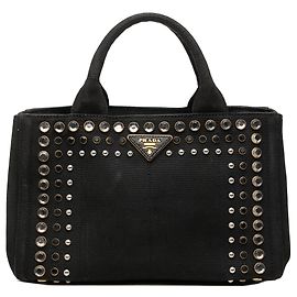 Black Prada Canvas Canapa Studded Handbag