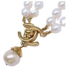 Colar Chanel 96A Coco Mark Turnlock de fio duplo de pérolas barrocas