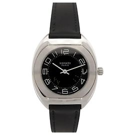 Hermès VINTAGE HERMES ESPACE ES1.210 31MM STAHLUHR SCHWARZES LEDERARMBAND QUARZ