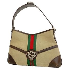 Bolsa de ombro Gucci em lona bege e castanha