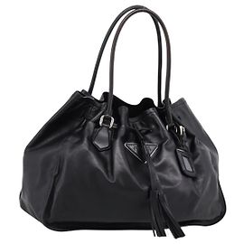 Bolso Tote PRADA de cuero negro plata Auth 205973M