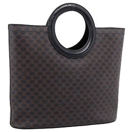 Céline CELINE Macadam Canvas Handtasche PVC Schwarz Goldfarben Auth mr2944