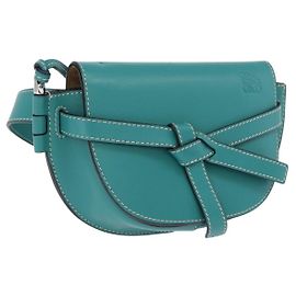 LOEWE Mini Gate Bag Schultertasche aus Leder Grün Silber Auth ka6387M