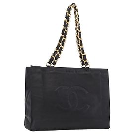 CHANEL Chain Big COCO Mark Tote Bag aus Lammleder Schwarz Gold CC Auth BA15804V