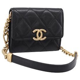 CHANEL Matelasse Chain Shoulder Card Case Caviar Skin Black Gold CC Auth ka6420V