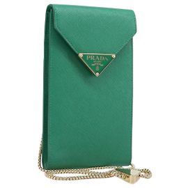 PRADA Chain Shoulder Pouch Safiano Leather Green Gold Auth LN130V