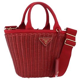 Bolsa de mão PRADA em vime e ratã 2way Vermelho Dourado Auth LN124SAM