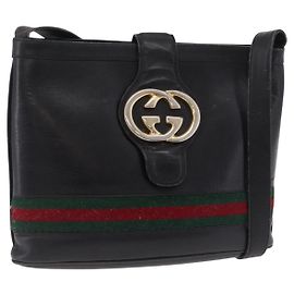 Bolsa de Ombro GUCCI Web Sherry Line em Couro Preto e Dourado Auth 206101
