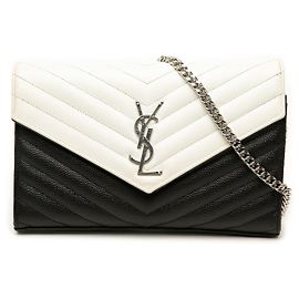 Autre Marque Borsa a tracolla portafoglio a busta con catena Saint Laurent bicolore in pelle Grain De Poudre con monogramma chevron nero