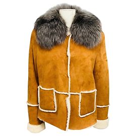 Autre Marque Giacca in camoscio foderata in shearling Cognac Eleventy con collo in pelliccia di volpe