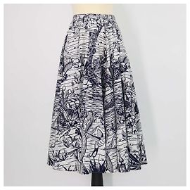 Christian Dior Navy Blue, Off White Cotton Printed Midi Skirt