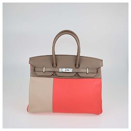 Hermès Borsa Birkin 35 Hermes Etoupe, Argile, Rose Jaipur in pelle Clemence e Swift, Palladium spazzolato