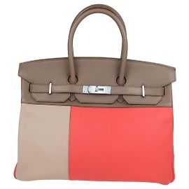 Hermès mala Birkin 35 Hermes Etoupe, Argile, Rose Jaipur em couro Clemence e Swift, Palladium escovado