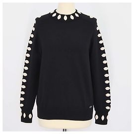Jersey de cuello redondo Chanel en mezcla de lana con apliques bordados, Negro y Marfil