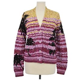 Cardigan Chanel in misto cashmere a righe con palme e paillettes multicolore