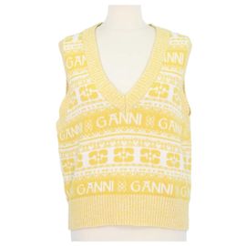 Ganni Yellow, Off White Wool Logo Print V-Neck Sleeveless Top