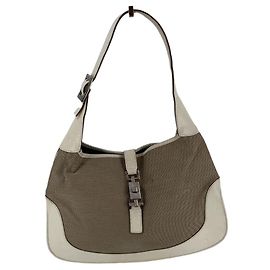 Gucci Vintage Jackie Schultertasche Hobo aus grauem Canvas und weißem Leder
