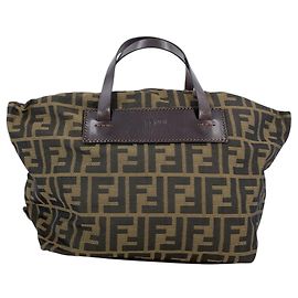 Fendi Borsa Tote pieghevole Small Zucca vintage in tela nera e marrone