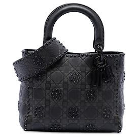 Autre Marque Dior Black Medium Ultra Matte Calfskin Cannage Studded Supple Lady Dior