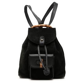 Gucci Black Suede Bamboo Drawstring Backpack