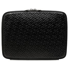 Custodia per laptop Burberry in pelle di vitello goffrata con monogramma TB nero