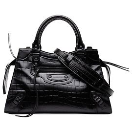 Balenciaga Borsa Satchel Neo Classic City Motocross in pelle di vitello embossed croc nera Small