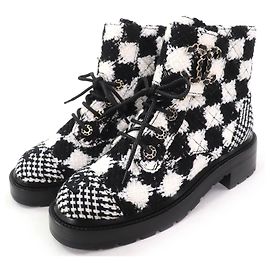 Botas de cano curto em tweed com padrão xadrez e lantejoulas Chanel COCO Mark