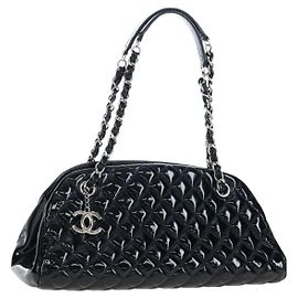 CHANEL Matelasse Mademoiselle Bowling Bag Lackleder Schwarz Silber CC Auth yk20960V