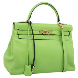 Hermès HERMES Kelly 32 Hand Bag Leather 2way Green Gold Auth 205964SM