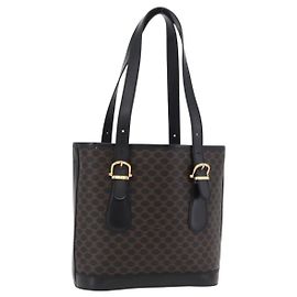 Céline CELINE Macadam Canvas Tote Bag PVC Schwarz Goldfarben Auth mr2983A