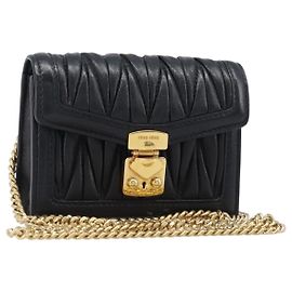 Miu Miu Matelasse Chain Shoulder Pouch Leather Black Gold Tone Auth bs37119V
