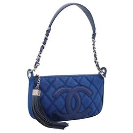 Bolsa de ombro CHANEL Matelasse com corrente em lona azul prata CC Auth 206279V