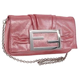 FENDI Mia Pochette Bolsa de Ombro com Corrente Couro Rosa Prata 8BP046 Auth 204918M