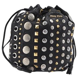 Borsa a mano Miu Miu in pelle nera oro argento Auth 205991V