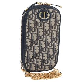 Christian Dior Oblique Jacquard Phone Shoulder Pouch Navy Gold Auth ar14186V