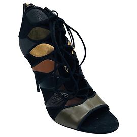 Sandali Salvatore Ferragamo Olive Green / Brown / Black / Gold Metallic Multi in pelle goffrata con rifiniture in camoscio