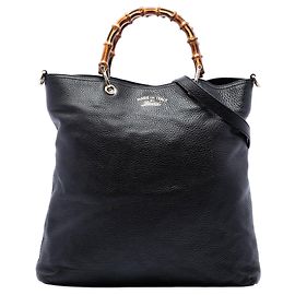 Black Gucci Tall Pebbled Calfskin Bamboo Shopper Tote Satchel