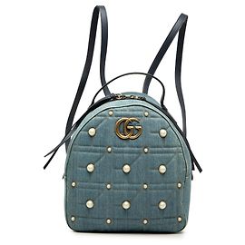 Mochila Gucci Small GG Marmont em denim matelassé azul com pérolas