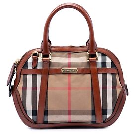 Borsa Satchel Bridle Orchard Burberry in tela House Check marrone con rifiniture in pelle Small