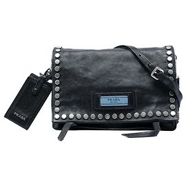 Bolso Satchel Prada Glace Calf Studded Etiquette Negro