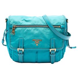 Blue Prada Saffiano Trimmed Tessuto Zip Double Buckle Messenger Bag